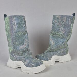 AKIRA Rhinestone Silver White Heeled Boots with Chunky Platform Sz. 8